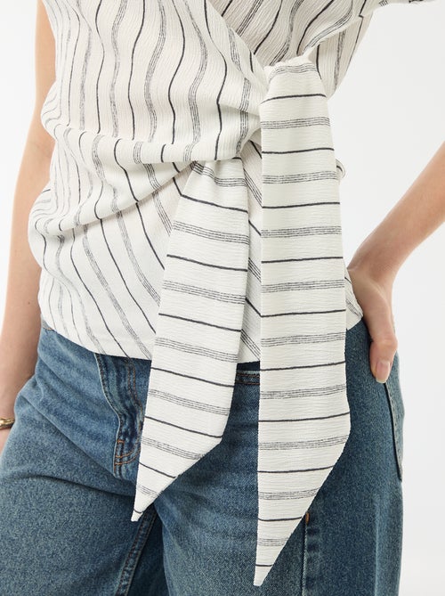 T-shirt met korte gedrapeerde mouwen en strik van crêpe tricot - Kiabi