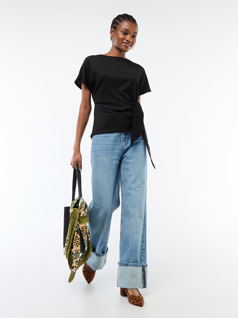 T-shirt met korte gedrapeerde mouwen en strik van crêpe tricot Zwart - Kiabi