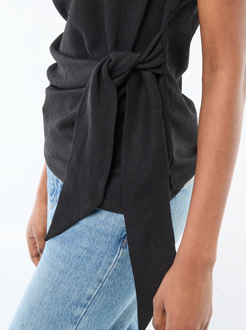 T-shirt met korte gedrapeerde mouwen en strik van crêpe tricot Zwart - Kiabi