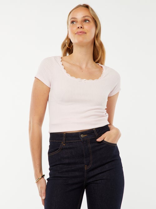 T-shirt met korte mouw met kant en strikje - Kiabi