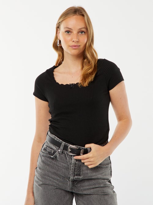 T-shirt met korte mouw met kant en strikje - Kiabi