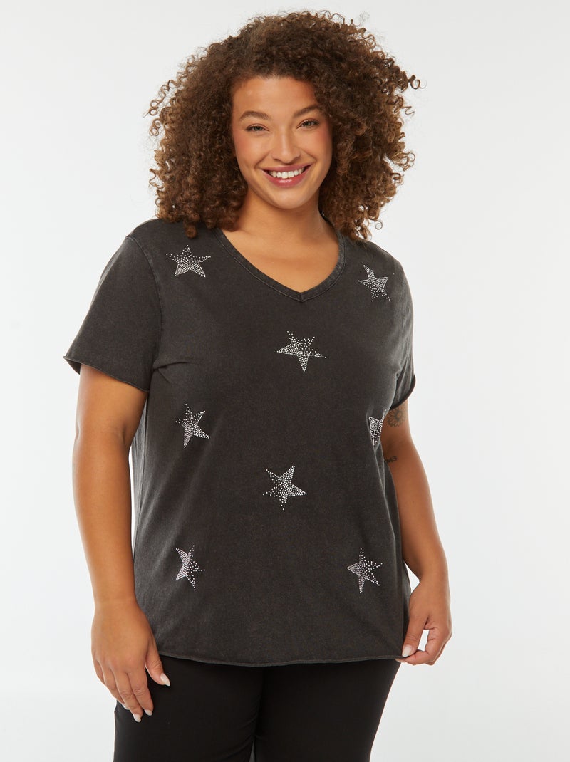T-shirt met korte mouw met sterretjes in strass Zwart - Kiabi