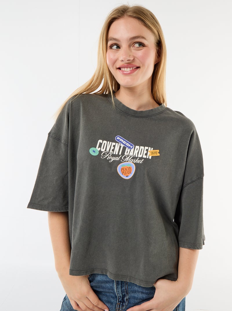 T-shirt met korte mouwen, aan twee kanten bedrukt Grijs - Kiabi