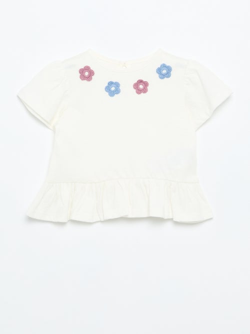 T-shirt met korte mouwen, borduursels en gerimpelde onderkant - Kiabi