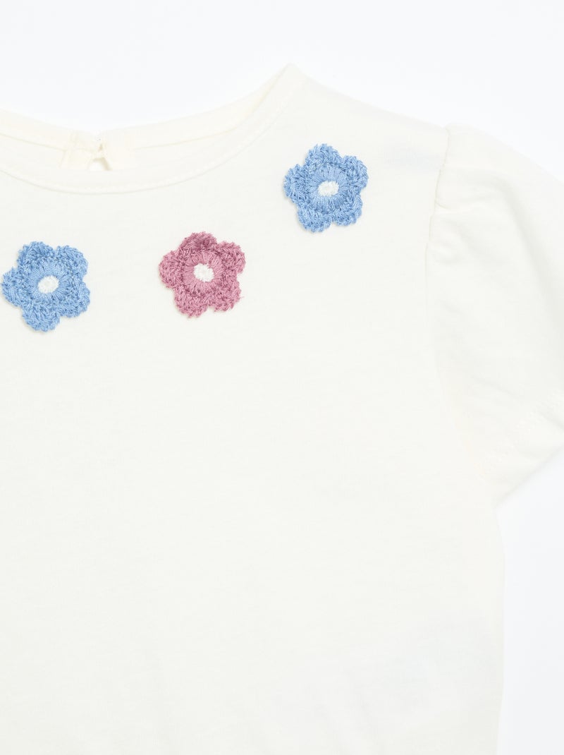 T-shirt met korte mouwen, borduursels en gerimpelde onderkant Wit - Kiabi