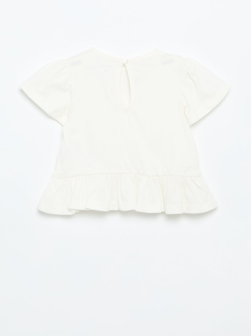 T-shirt met korte mouwen, borduursels en gerimpelde onderkant Wit - Kiabi
