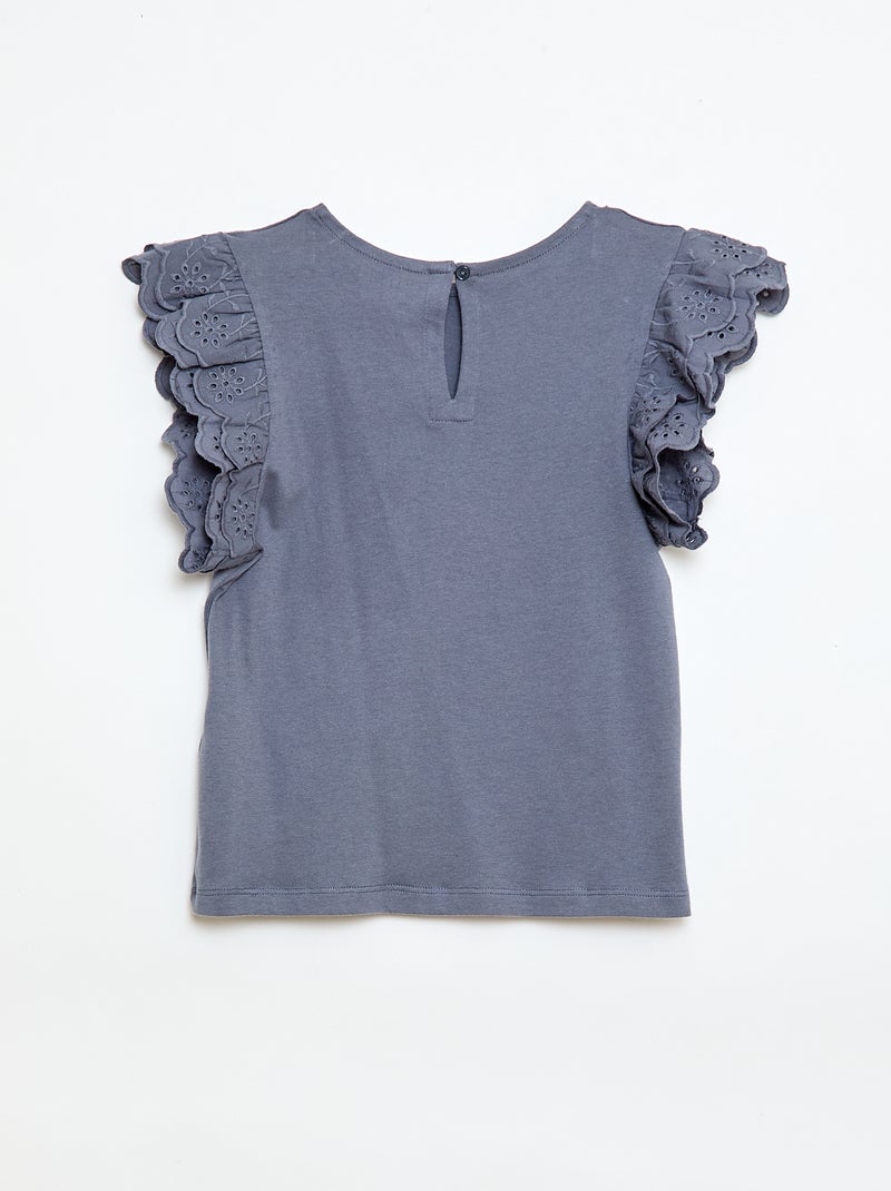 T-shirt met korte mouwen en broderie anglaise Grijs - Kiabi