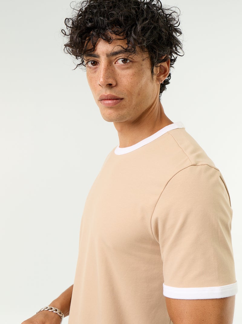T-shirt met korte mouwen en contrasterende boorden Biege - Kiabi