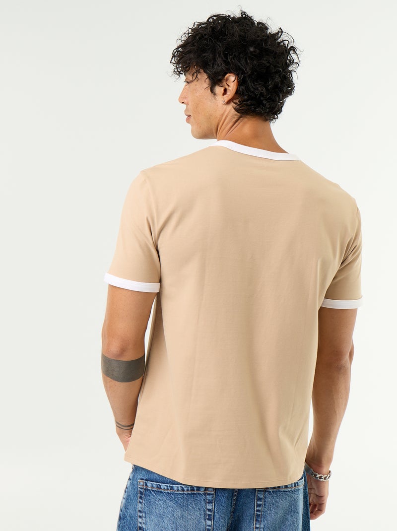 T-shirt met korte mouwen en contrasterende boorden Biege - Kiabi