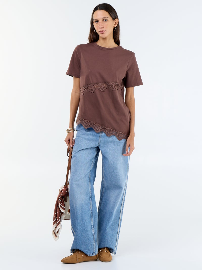 T-shirt met korte mouwen en kant Bruin - Kiabi