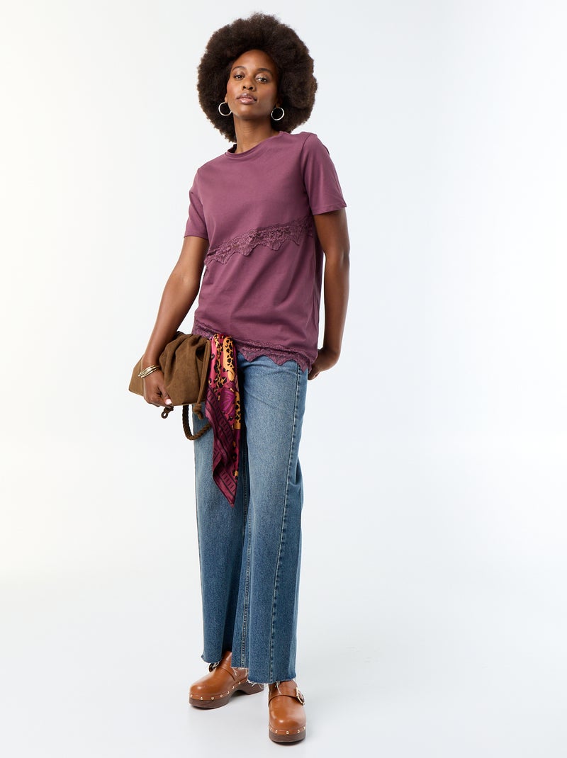 T-shirt met korte mouwen en kant Paars - Kiabi
