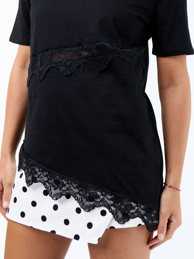 T-shirt met korte mouwen en kant Zwart - Kiabi