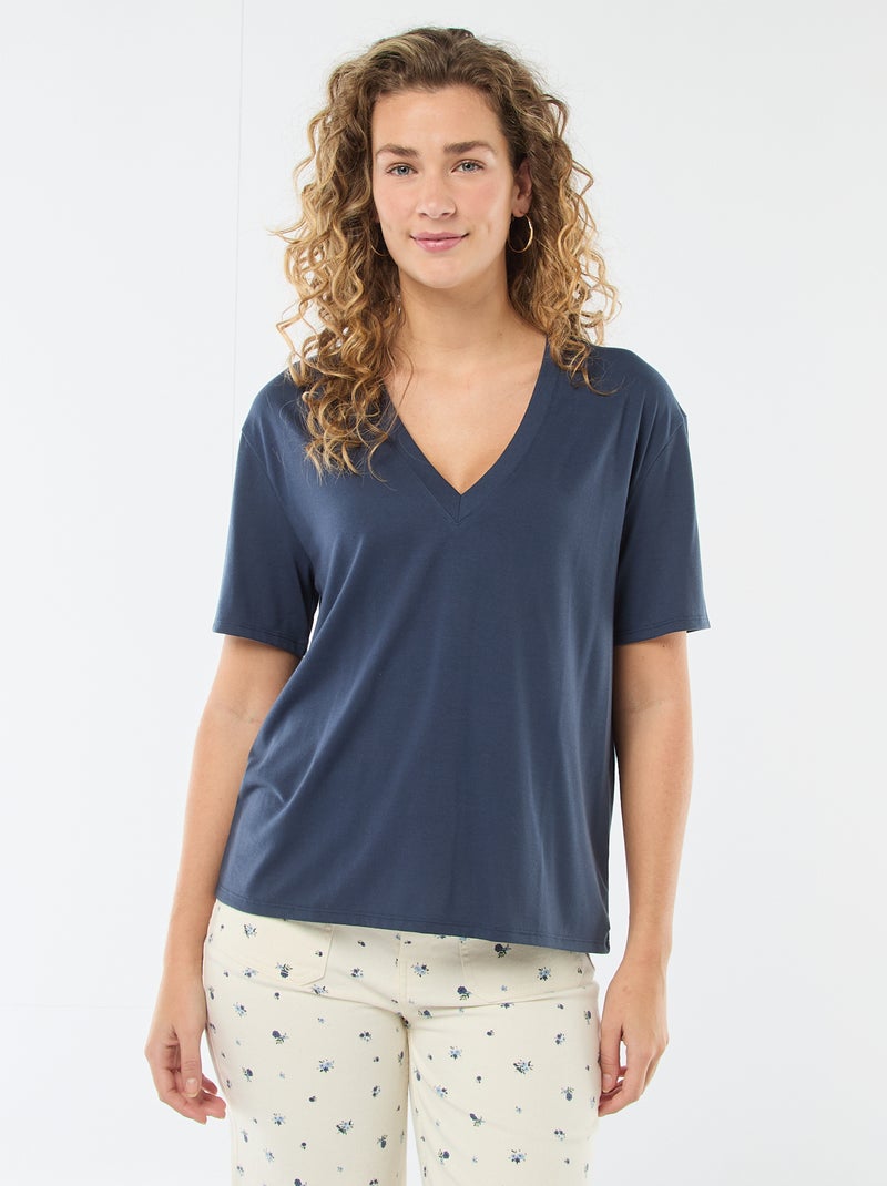 T-shirt met korte mouwen en V-hals Blauw - Kiabi