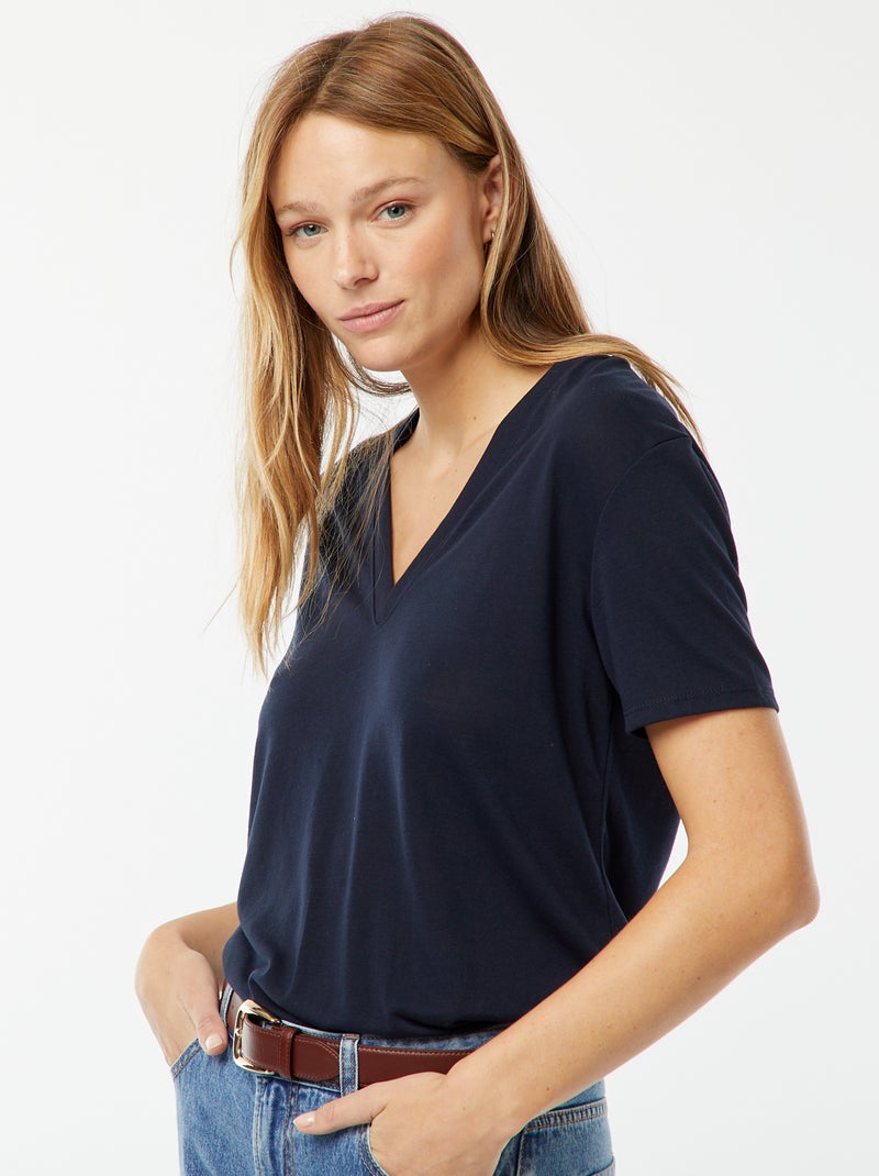T-shirt met korte mouwen en V-hals Blauw - Kiabi