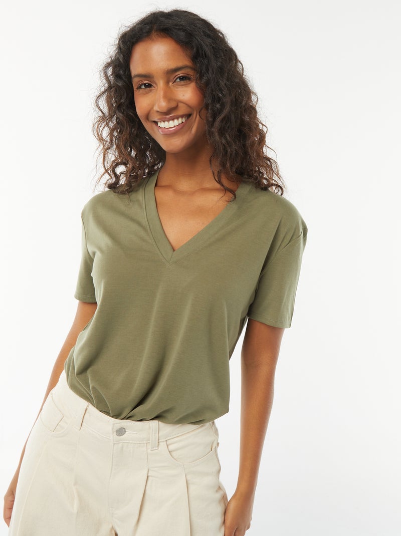 T-shirt met korte mouwen en V-hals groen - Kiabi