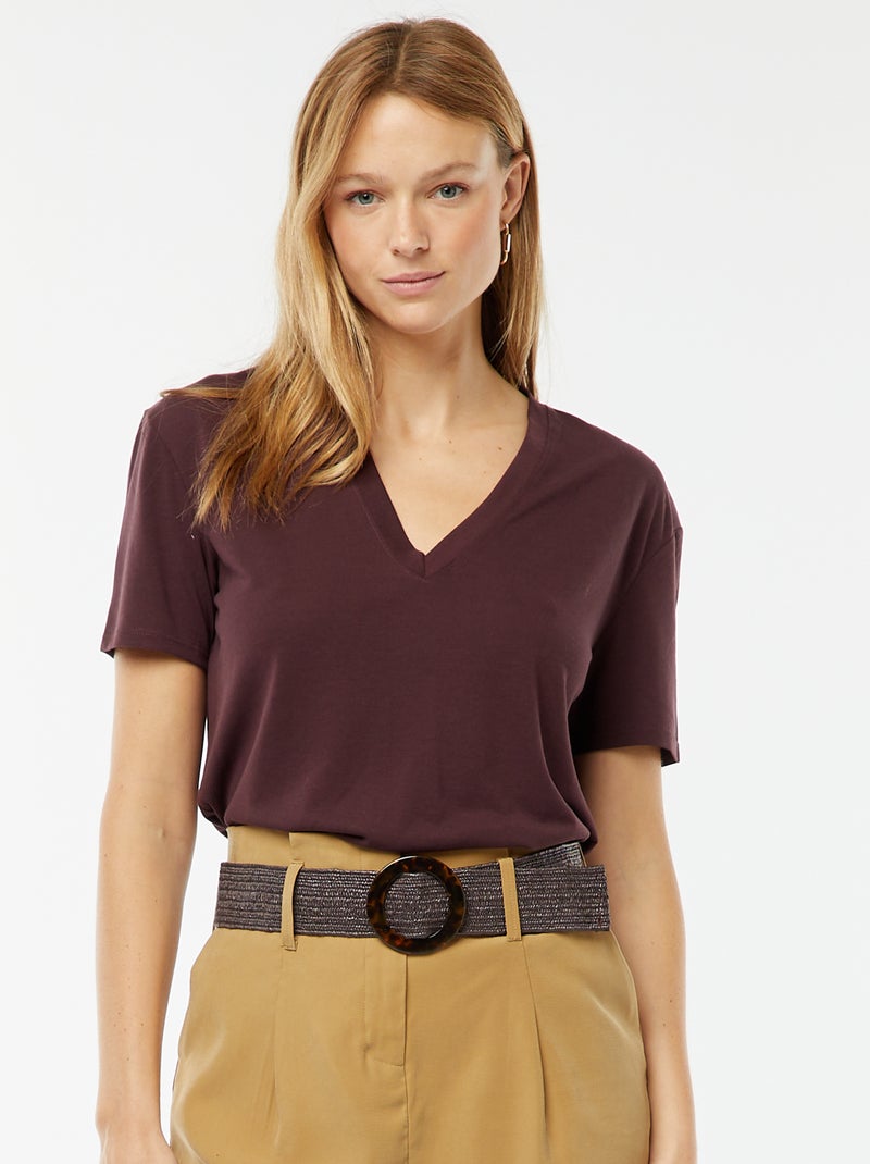 T-shirt met korte mouwen en V-hals Paars - Kiabi