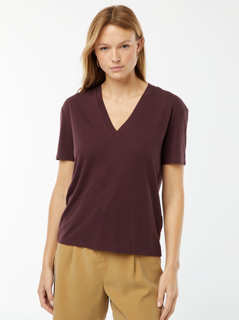T-shirt met korte mouwen en V-hals Paars - Kiabi