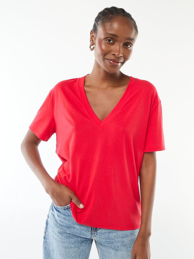 T-shirt met korte mouwen en V-hals Rood - Kiabi