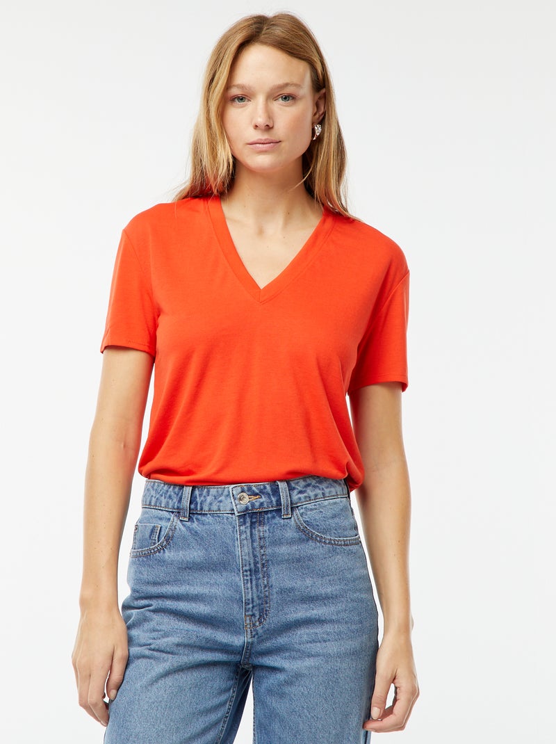 T-shirt met korte mouwen en V-hals rood - Kiabi