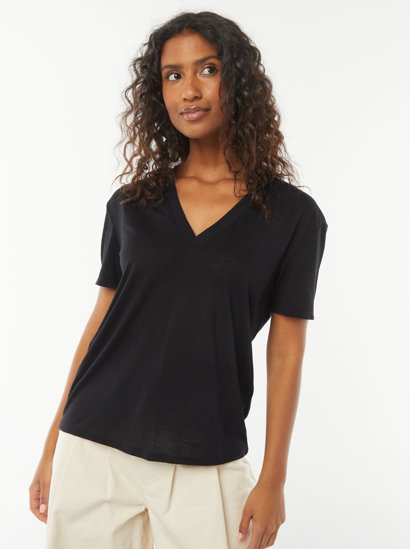 T-shirt met korte mouwen en V-hals zwart - Kiabi