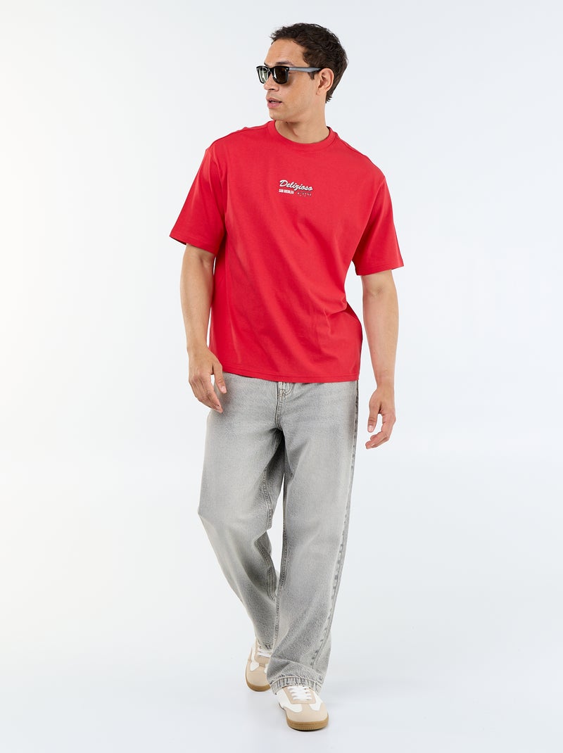 T-shirt met korte mouwen met prints en borduursels op voor- en achterkant Rood - Kiabi