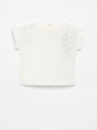 T-shirt met korte mouwen met ruches en Engels borduurwerk