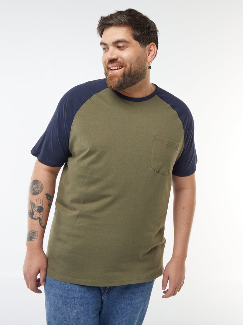 T-shirt met korte raglanmouwen en borstzakje Kaki - Kiabi