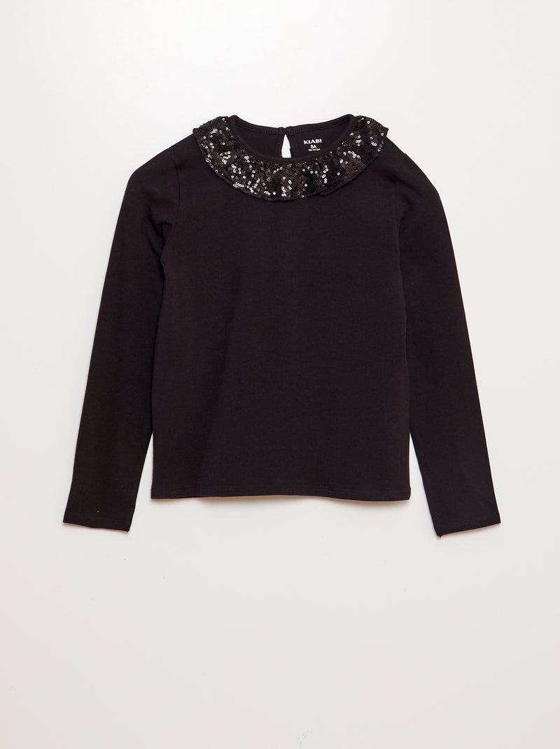 T-shirt met kraagje in tule met lovertjes zwart - Kiabi