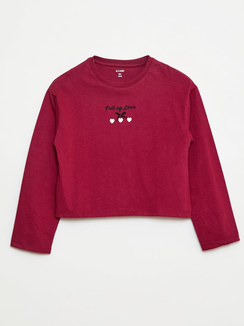 T-shirt met lange mouw en borduursel Rood - Kiabi