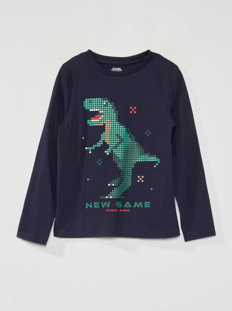 T-shirt met lange mouw en dino in pixels BLAUW - Kiabi