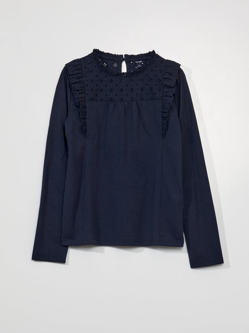 T-shirt met lange mouw en gaatjesborduurwerk BLAUW - Kiabi