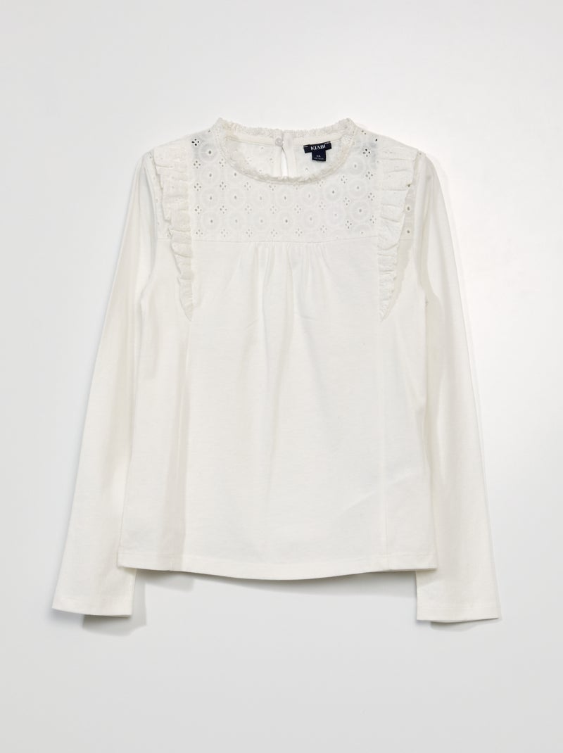 T-shirt met lange mouw en gaatjesborduurwerk WIT - Kiabi