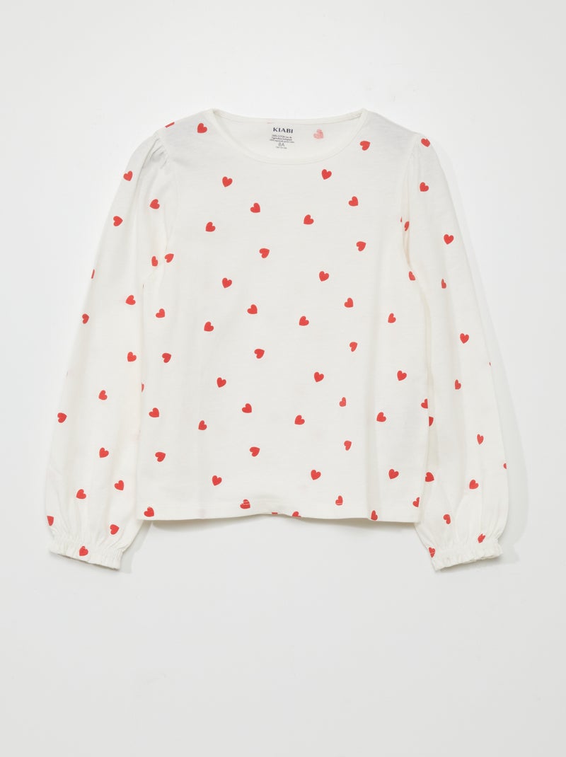 T-shirt met lange mouw en hartjesmotief WIT - Kiabi