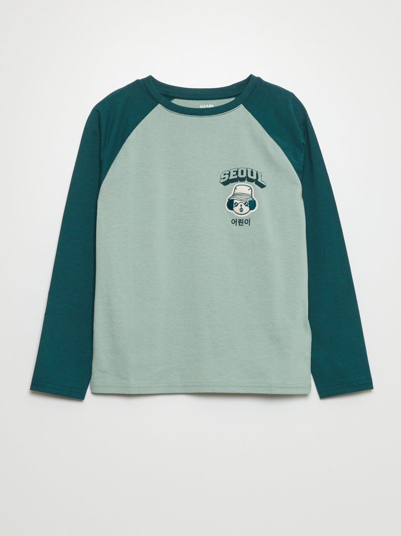 T-shirt met lange mouw en tekstopdruk 'Seoul' GROEN - Kiabi