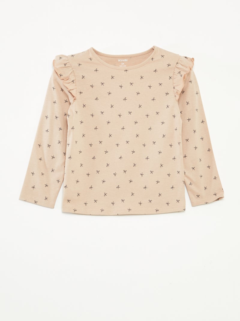 T-shirt met lange mouw, motiefje en ruches rond de mouwinzet Biege - Kiabi