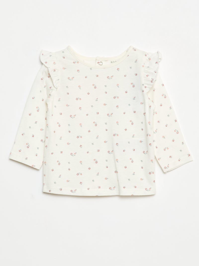 T-shirt met lange mouw, motiefje en ruches rond de mouwinzet Wit - Kiabi