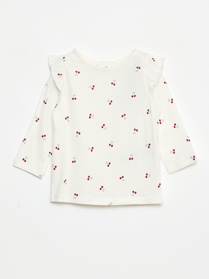T-shirt met lange mouw, motiefje en ruches rond de mouwinzet Wit - Kiabi