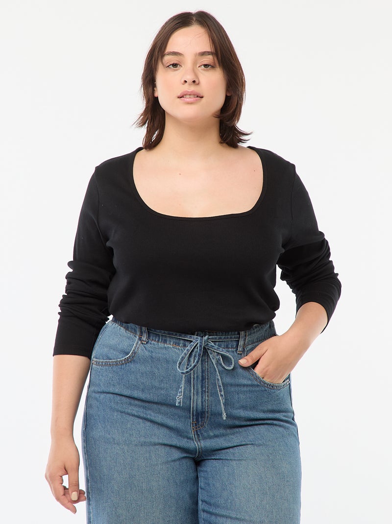 T-shirt met lange mouw van ribstof zwart - Kiabi