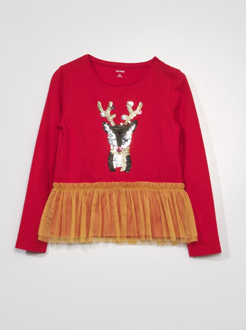 T-shirt met lange mouw + volants Rood - Kiabi