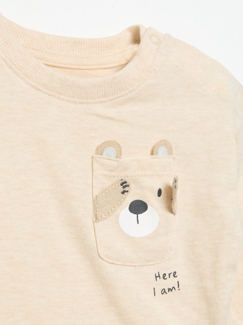 T-shirt met lange mouwen en geanimeerde zak Biege - Kiabi