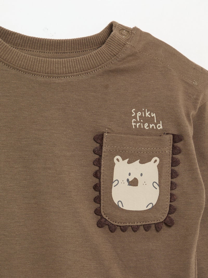 T-shirt met lange mouwen en geanimeerde zak Bruin - Kiabi