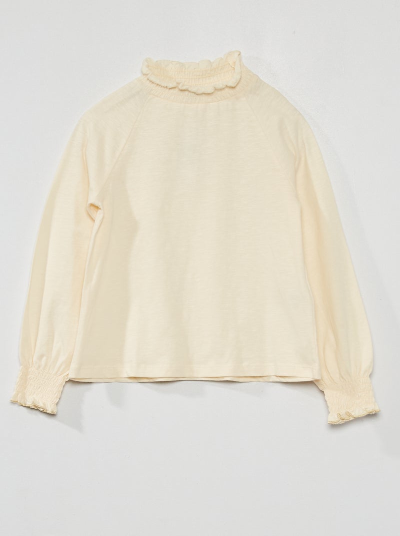 T-shirt met lange mouwen en gesmokte kraag WIT - Kiabi