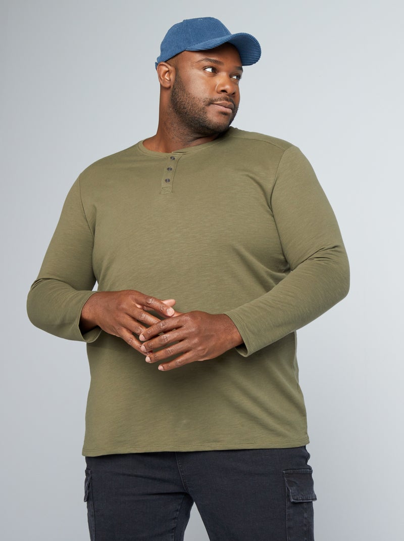 T-shirt met lange mouwen en henleykraag KAKI - Kiabi