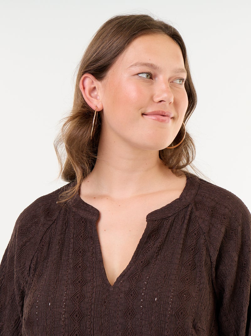 T-shirt met lange mouwen en opengewerkte stof Bruin - Kiabi