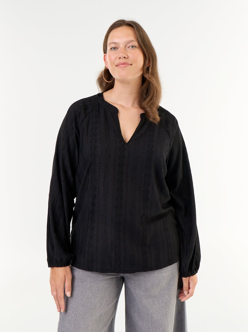 T-shirt met lange mouwen en opengewerkte stof Zwart - Kiabi