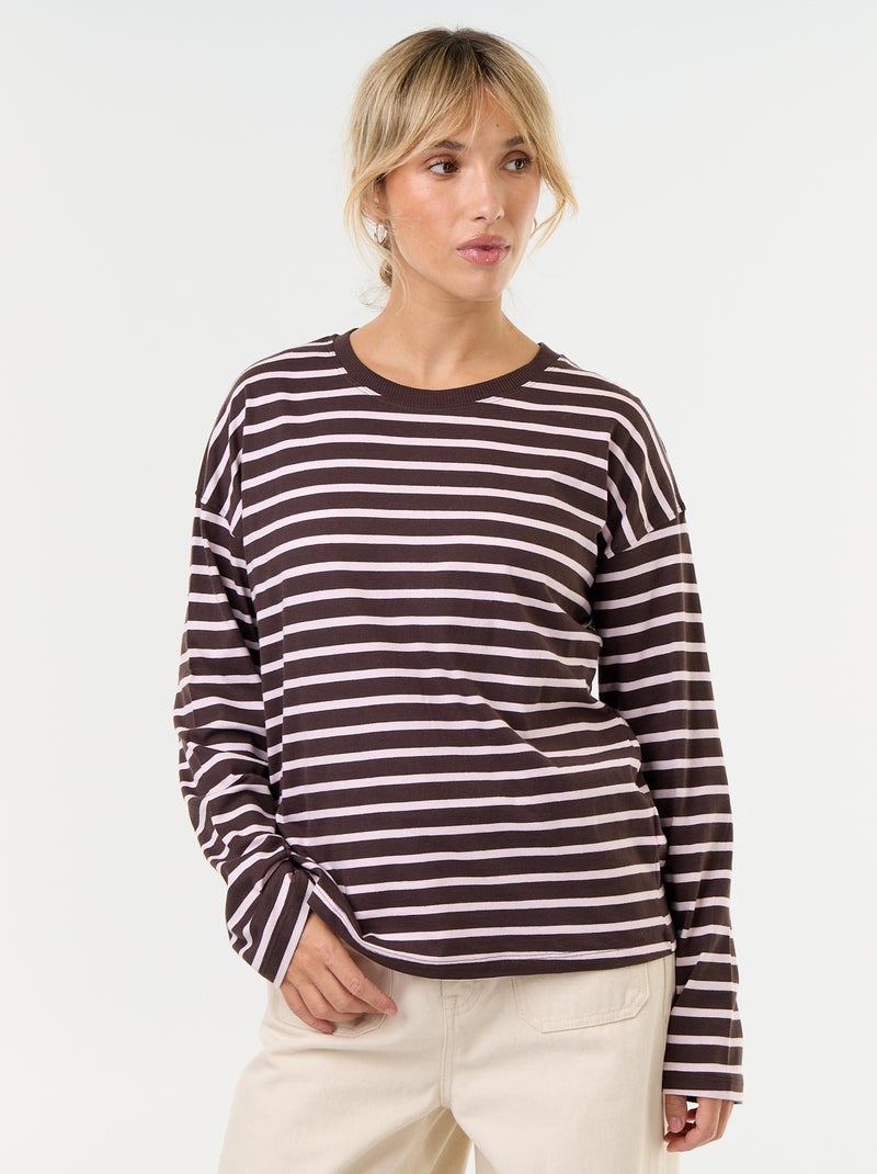 T-shirt met lange mouwen en strepen Bruin - Kiabi