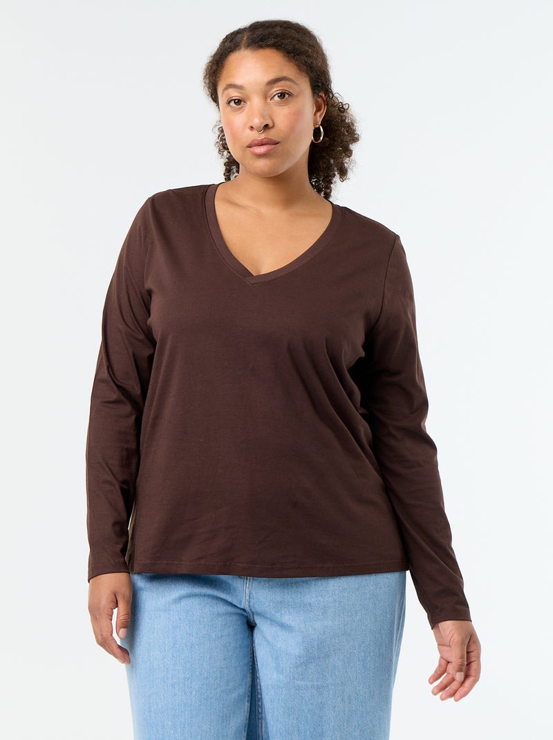 T-shirt met lange mouwen en V-hals Bruin - Kiabi