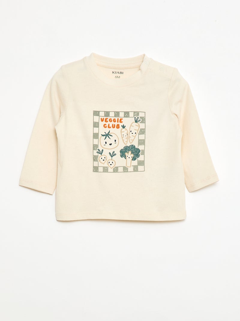 T-shirt met lange mouwen, print en borduursel Wit - Kiabi