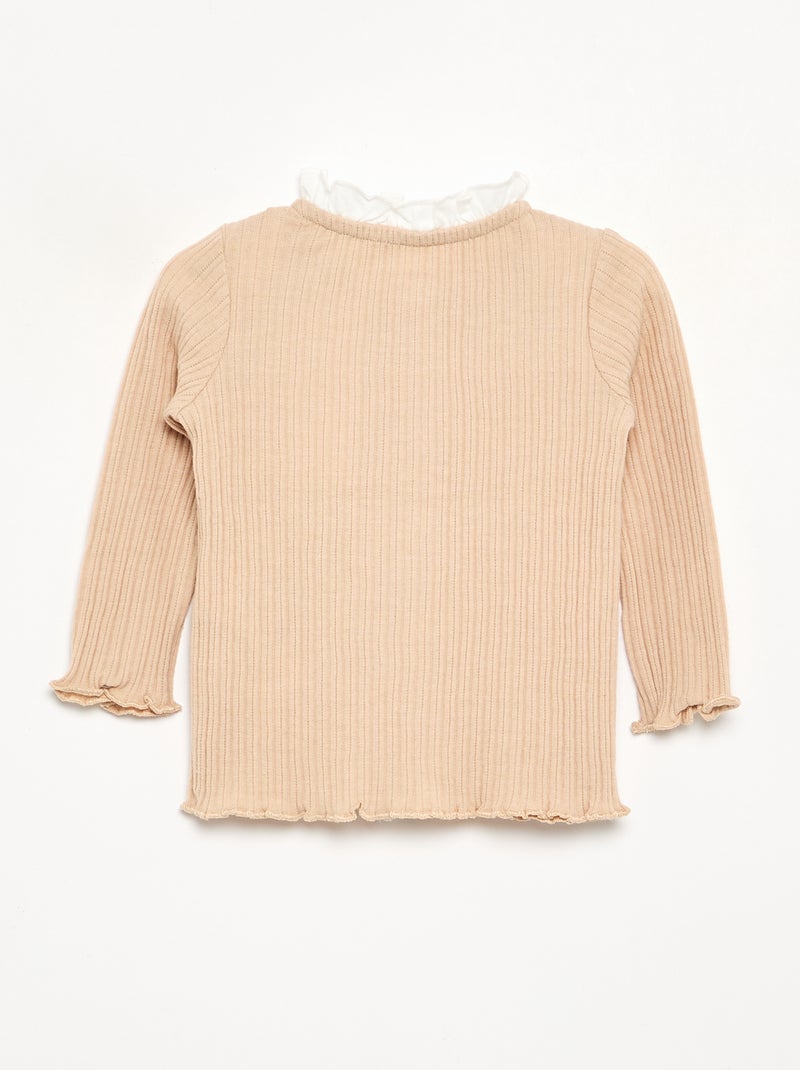 T-shirt met lange mouwen, ruches en contrasterende knopen Biege - Kiabi