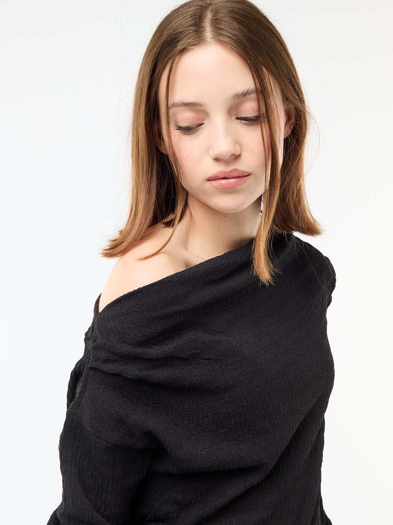 T-shirt met lange mouwen van gewafelde stof Zwart - Kiabi